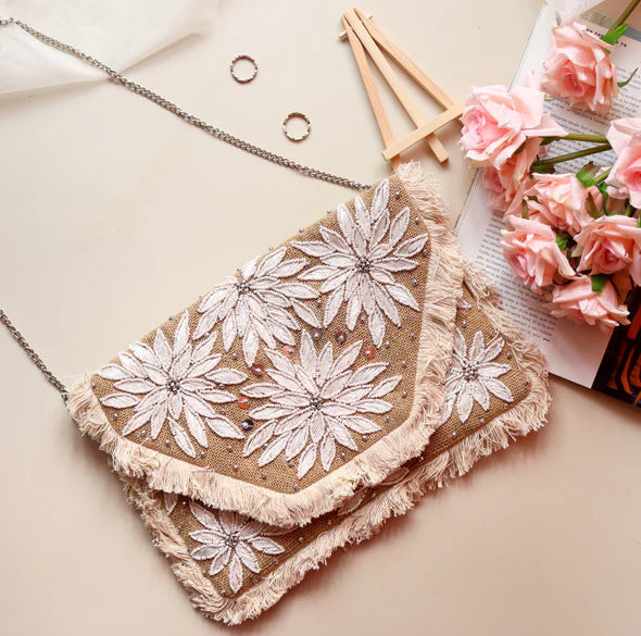 Handcrafted Blooming White Sling Jute  Bag Bliss Boho