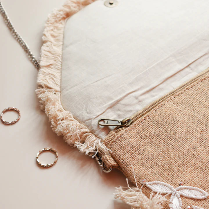 Handcrafted Blooming White Sling Jute  Bag Bliss Boho