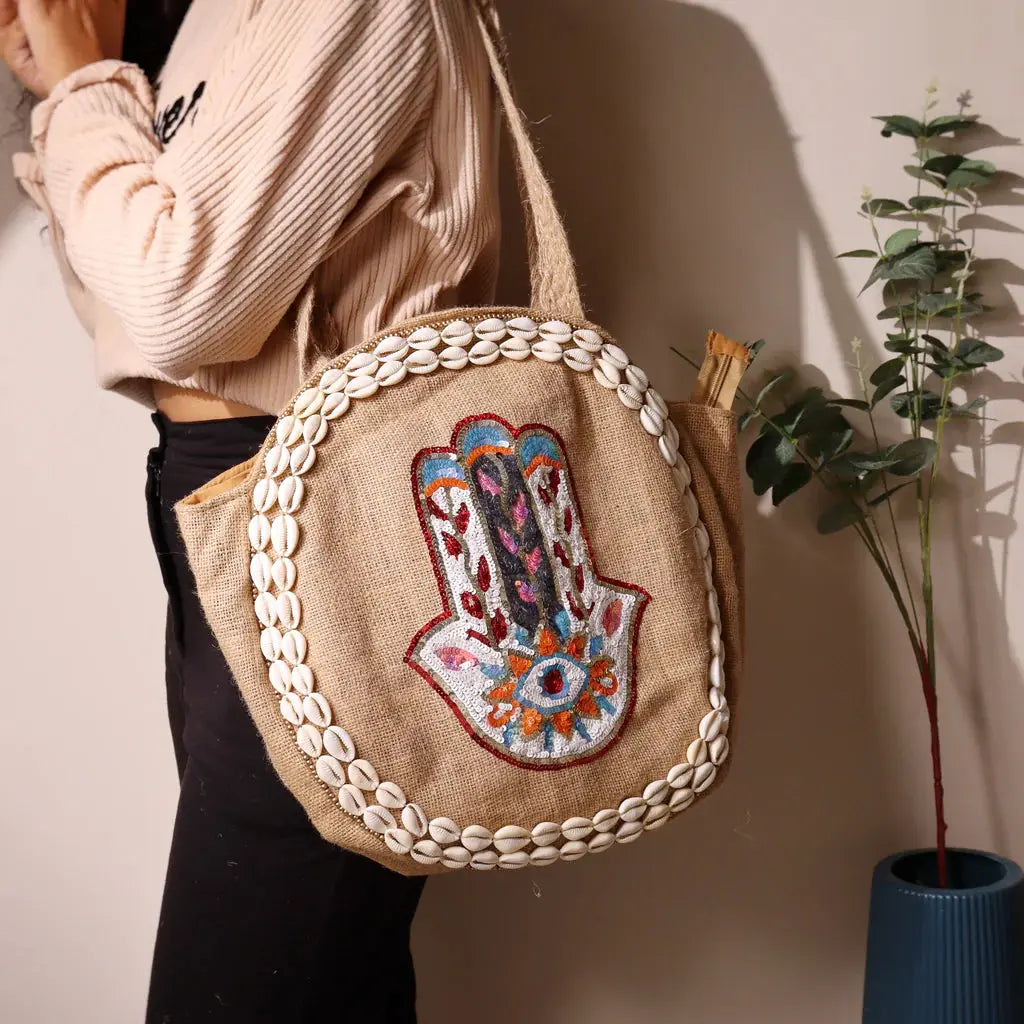 Hamsa & Conch Jute Handcrafted Tote Bag Bliss Boho