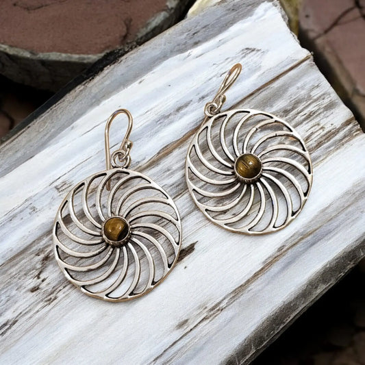 Circle Of Light Silver Earring with Tiger Eye Stone Bliss Boho