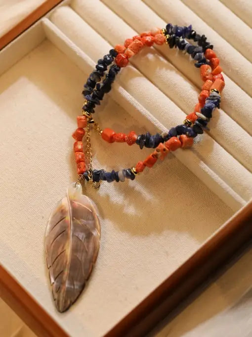 Handcrafted Bohemian Leaf Dream Necklace with coral and Lapis Lazuli Stones Bliss Boho