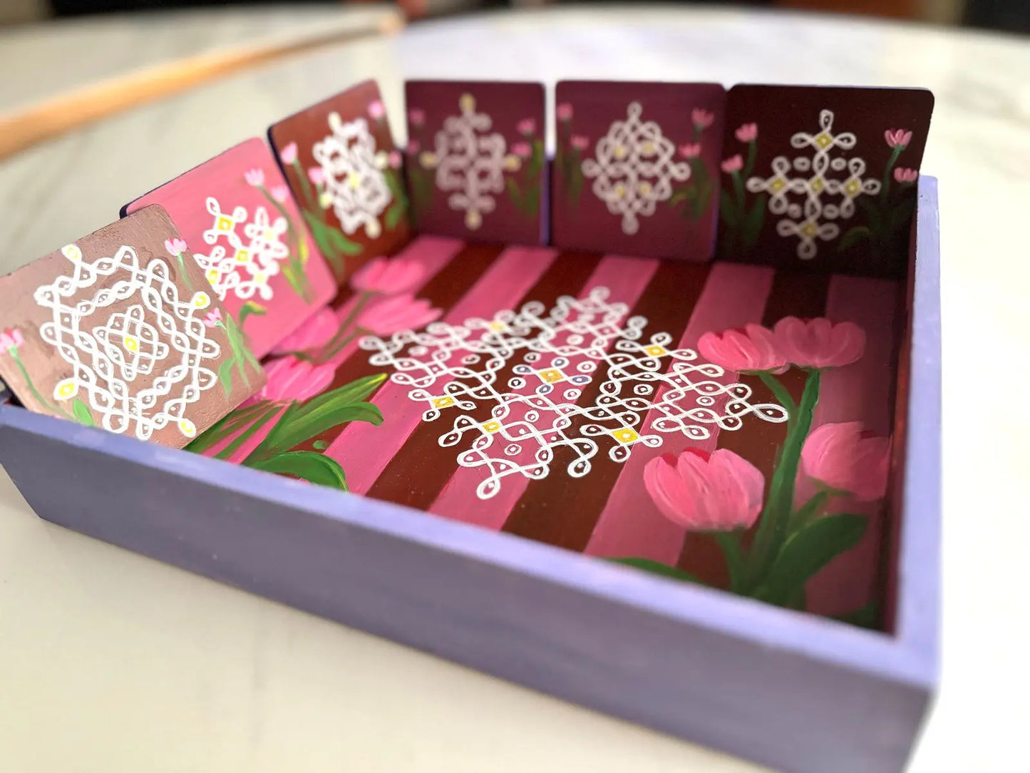Kolam Art Tray Set with 6 Coasters Set Bliss Boho