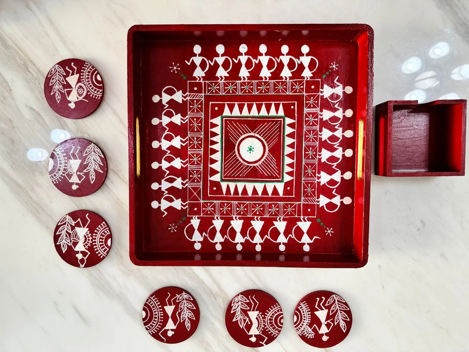 Warli Art Tray Set with 6 Coasters Bliss Boho