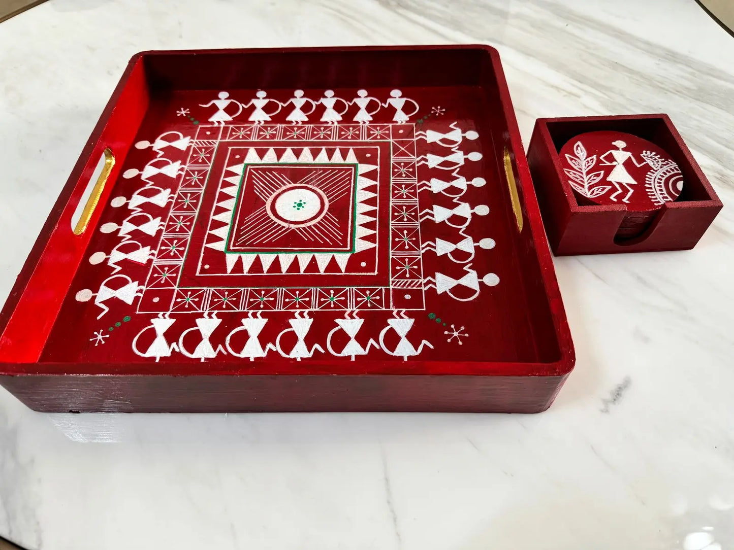 Warli Art Tray Set with 6 Coasters Bliss Boho