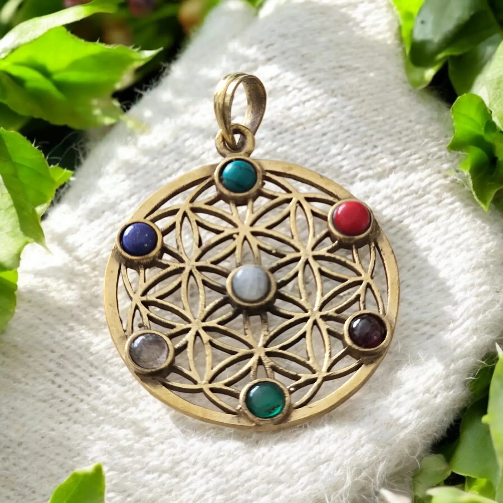 Chakra Flower of Life Pendant with Seven Natural  Stones & Chain Bliss Boho