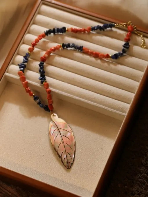 Handcrafted Bohemian Leaf Dream Necklace with coral and Lapis Lazuli Stones Bliss Boho
