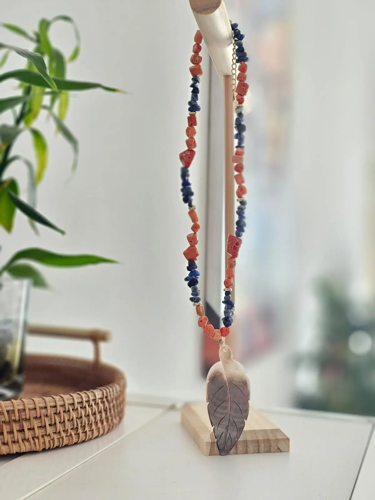 Handcrafted Bohemian Leaf Dream Necklace with coral and Lapis Lazuli Stones Bliss Boho