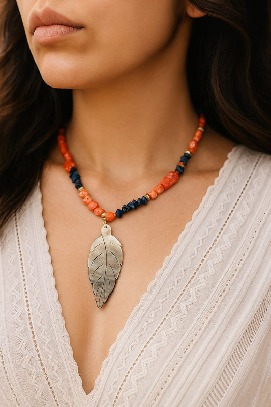 Handcrafted Bohemian Leaf Dream Necklace with coral and Lapis Lazuli Stones