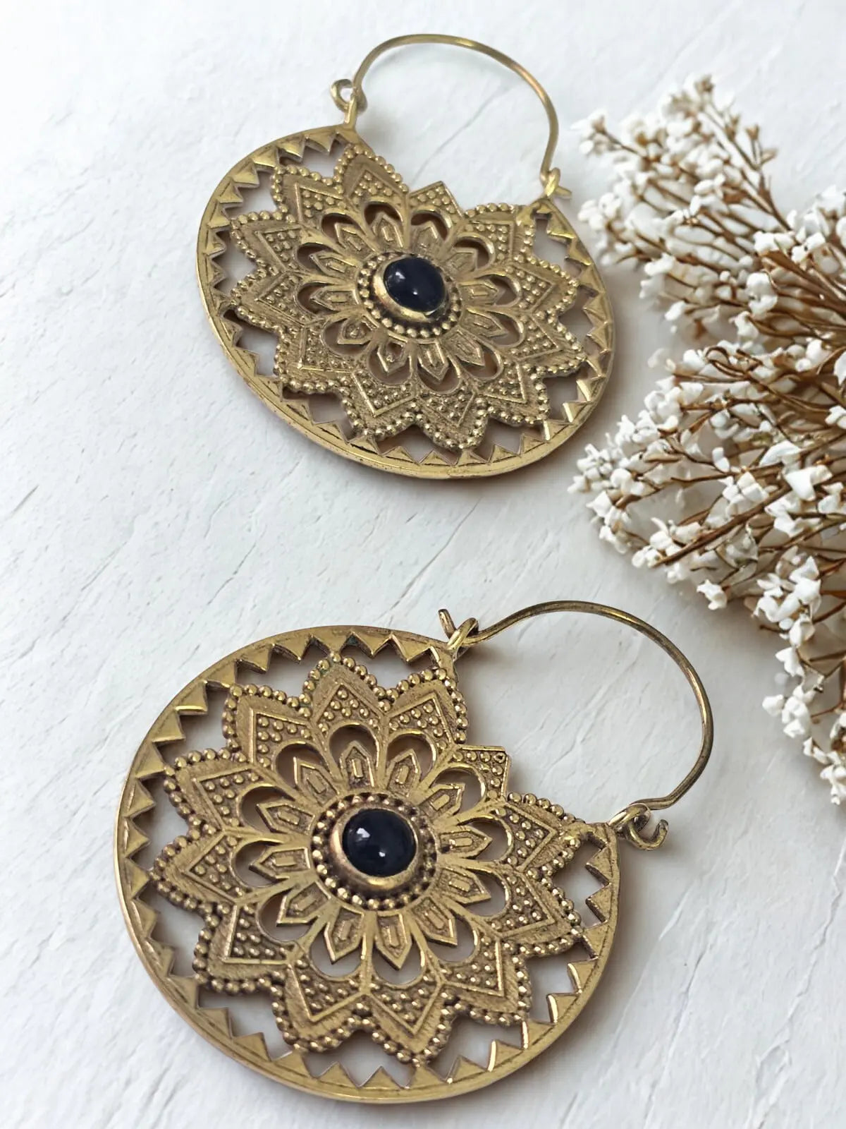 Bohemian Mandala Hoops with Black Onyx Stone Bliss Boho