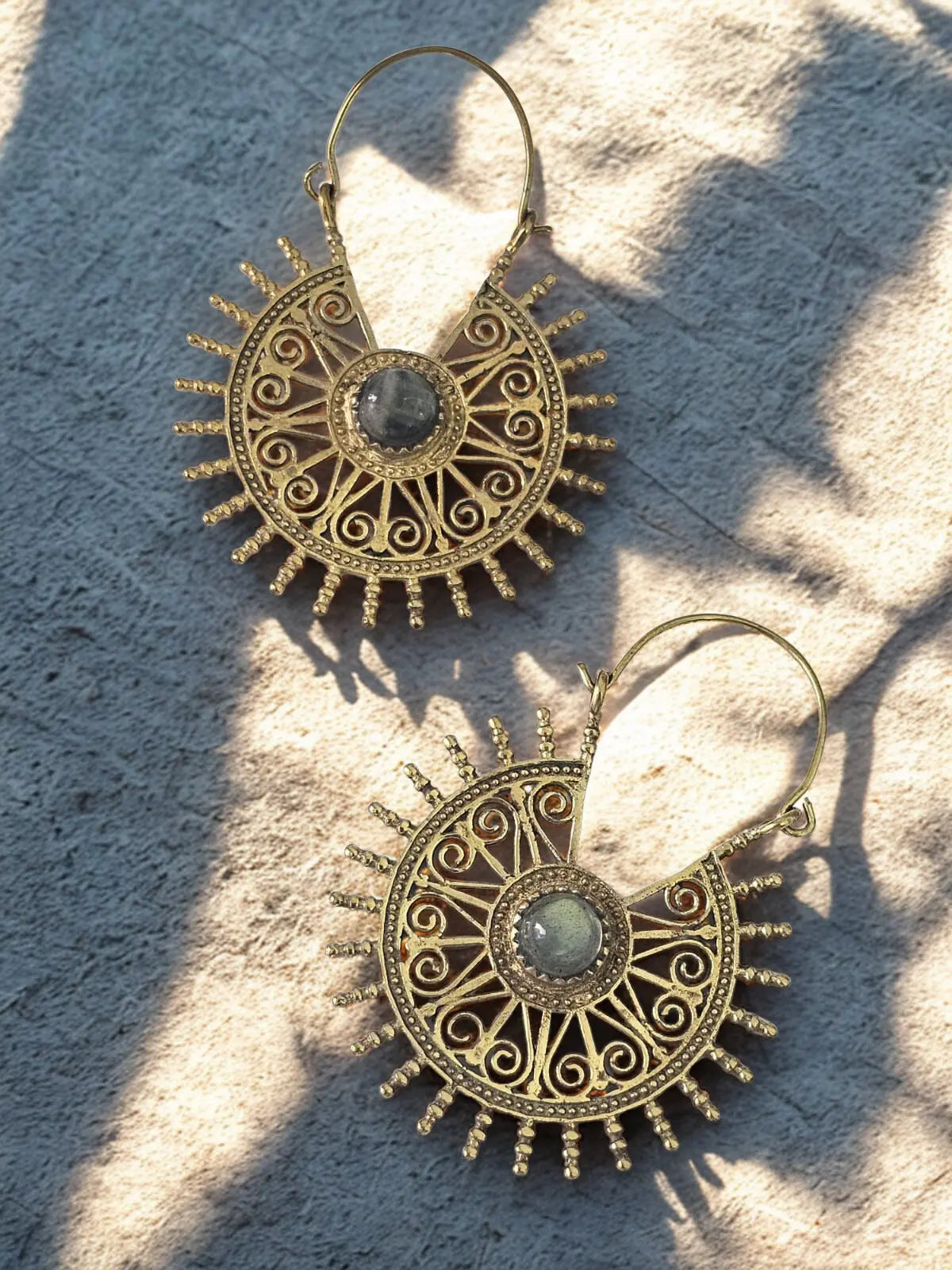Sunburst Serenity Hoops with Labradorite stone. Bliss Boho