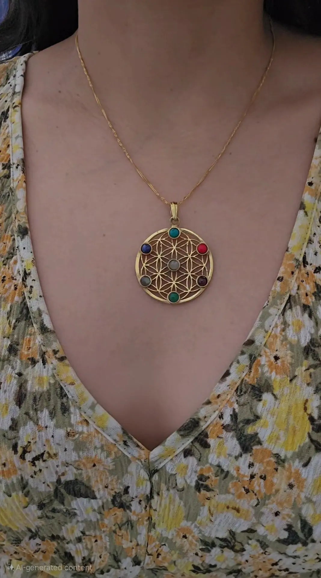 Chakra Flower of Life Pendant with Seven Natural  Stones & Chain Bliss Boho