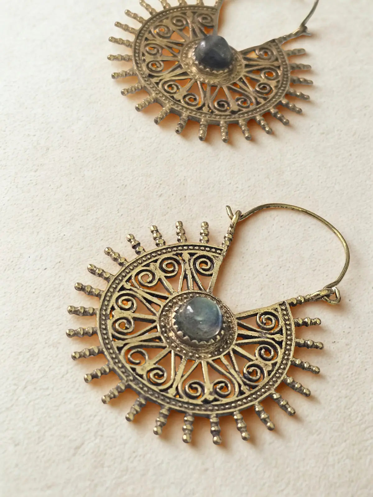 Sunburst Serenity Hoops with Labradorite stone. Bliss Boho