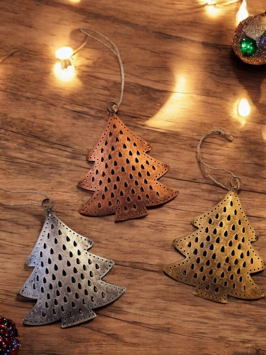 Recycled Iron 3D Christmas Tree Hanging Ornaments – Set of 3