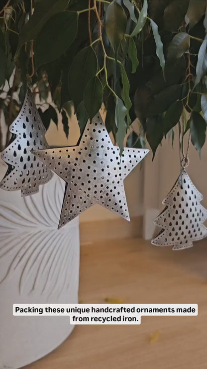 Recycled Iron 3D Christmas Tree Hanging Ornaments – Set of 3
