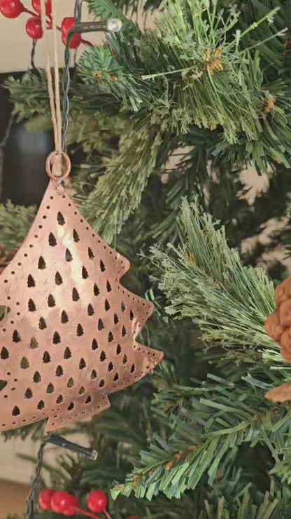Recycled Iron 3D Christmas Tree Hanging Ornaments – Set of 3