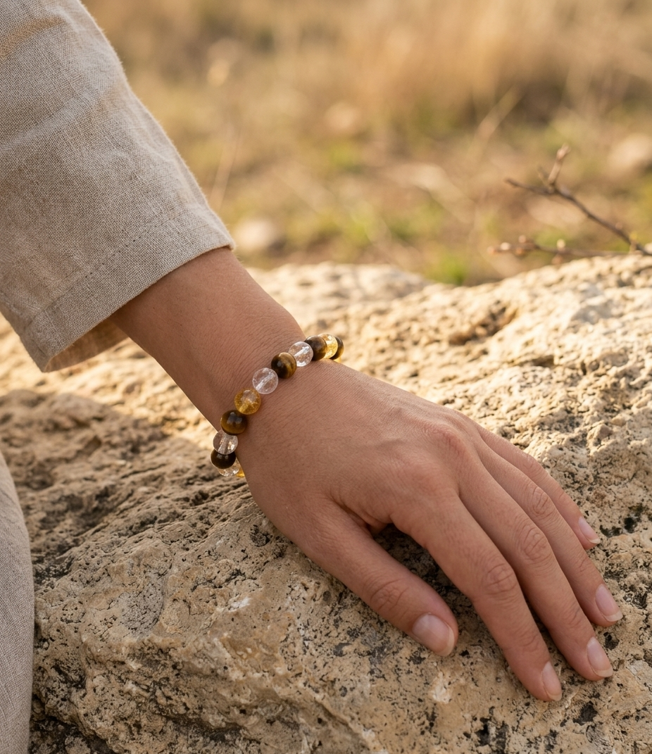 Focused Abundance Bracelet – Tiger Eye, Citrine & Clear Quartz for Clarity & Prosperity