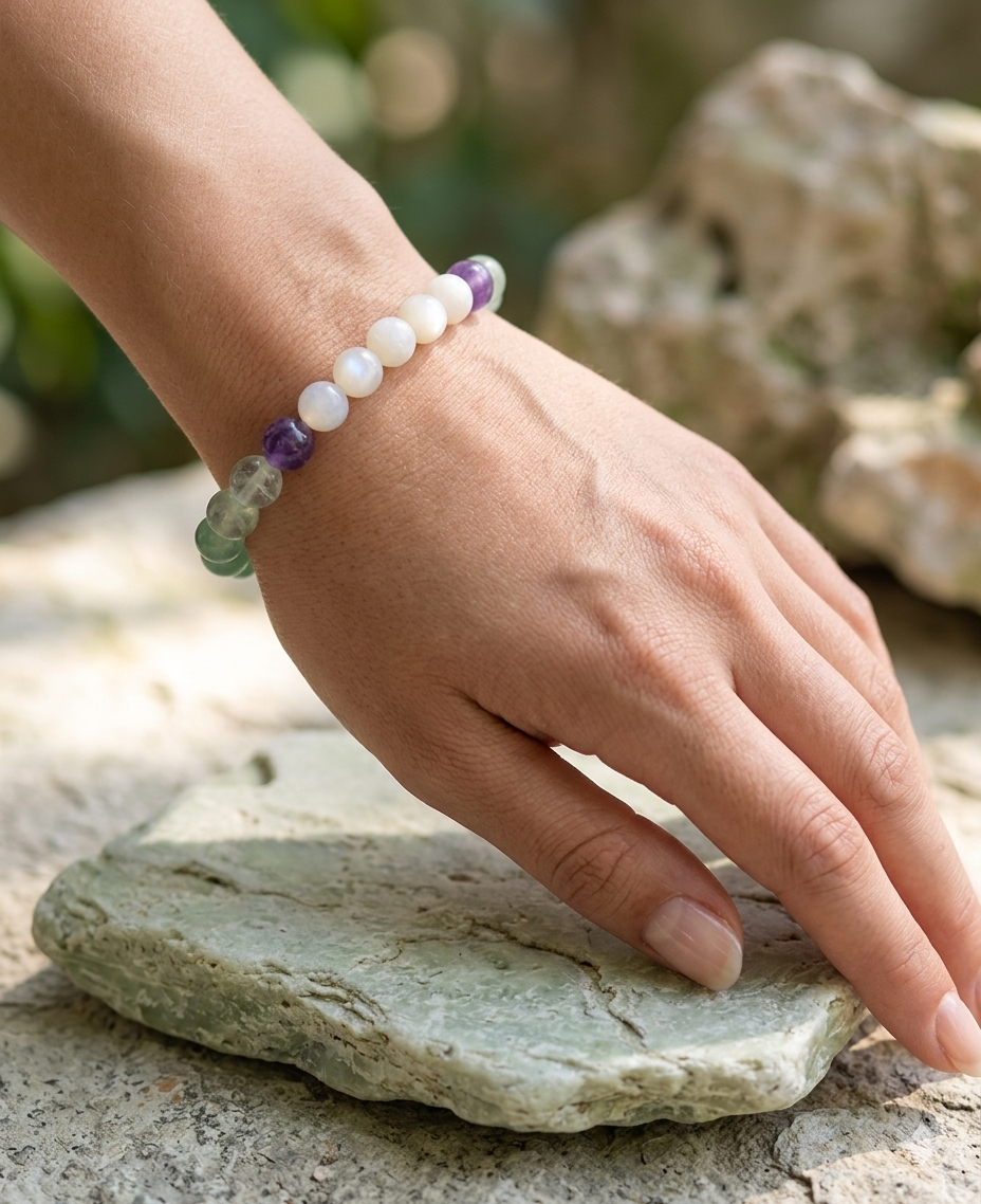 Lunar Harmony Bracelet – Moonstone, Green Aventurine & Fluorite for Peace & Clarity
