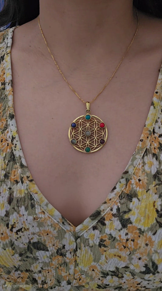 Chakra Flower of Life Pendant with Seven Natural  Stones & Chain