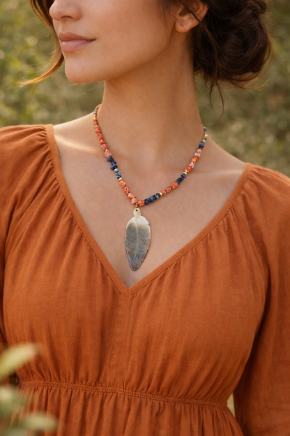 Handcrafted Bohemian Leaf Dream Necklace with coral and Lapis Lazuli Stones